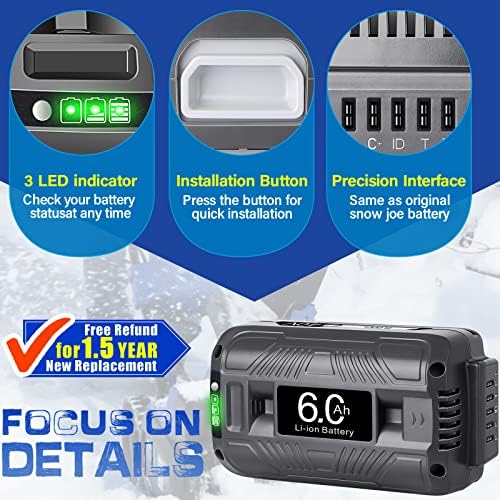 【Upgrade!】 40V 6.0Ah Replacement Battery for Snow Joe/Sun Joe Ecosharp 40V Tools Lithium-ion Battery Snow Blower Lawn Mower Pressure Washer. 40V