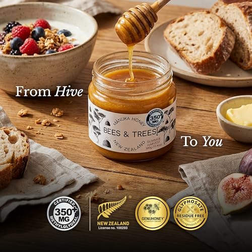 Bees & Trees Manuka Honey 550+ MGO - Raw Pure New Zealand Monofloral, 380g | Natural, Unpasteurized, Minimally Processed Mānuka Honey for Your Daily Routine, Tea, Coffee & Smoothies