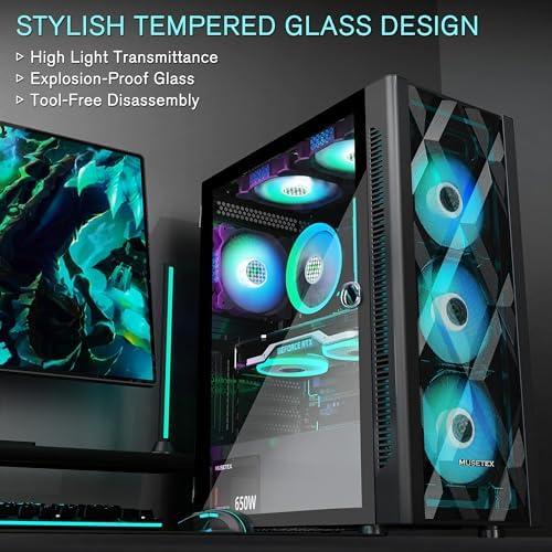 MUSETEX ATX PC Case Pre-Install 6 PWM ARGB Fans, Polygonal Mesh Computer Gaming Case, Opening Tempered Glass Side Panel Mid-Tower Case, USB 3.0 x 2