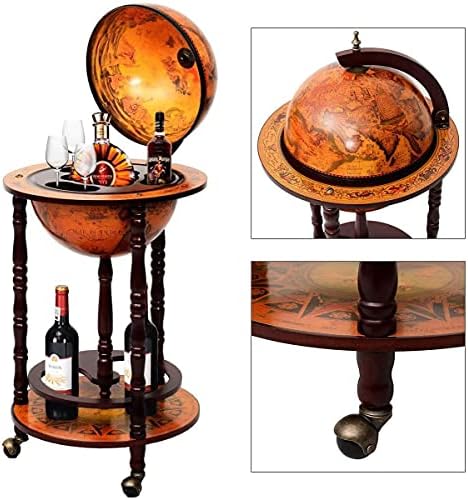 LDAILY Moccha 17” Globe Wood Wine Bar Stand, 16th Century Italian Replica Liquor Bottle Shelf w/Wheels, Wood Wine Cart Cabinet w/Bottom Shelf
