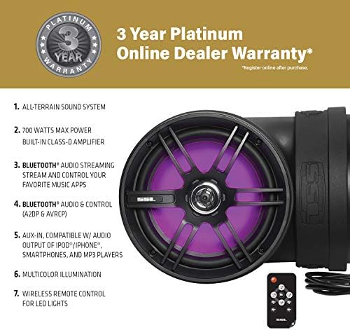 Soundstorm BTB8L 8 Inch 700W Bluetooth Amplified Marine Powersports UTV ATV Tube Speaker System with LED Lights, Black