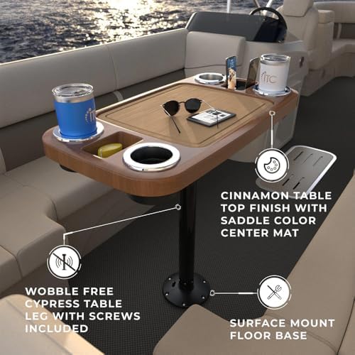 Manufacturers' Select ITC Boat Table Set - 18"x34" Removable Pontoon Boat Table with Center Non-Slip Mat, Pedestal Leg, 4 Drink Holders