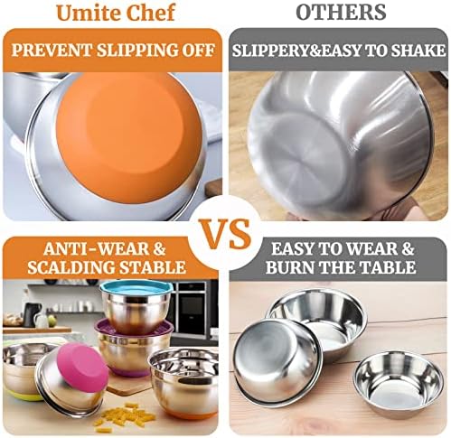 Umite Chef Mixing Bowls with Airtight Lids, 6 Piece Stainless Steel Metal Bowls, Measurement Marks & Colorful Non-Slip Bottoms Size 7, 3.5, 2.5, 2.0,1.5, 1QT, Great for Mixing & Serving