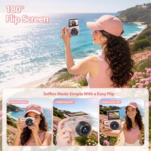4K Digital Camera for Photography, 64MP Vlogging Camera for YouTube with 3" 180° Flip Screen, WiFi Compact Camera with 18X Digital Zoom, Comes with 32GB Micro SD Card & 2 Batteries, Black
