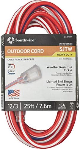 Southwire Heavy Duty Extension Cord, 50Ft, 12 Gauge, 3 Conductor, Outdoor Cord, Lighted End, SJTW, Red/White/Blue, 2548SWUSA1