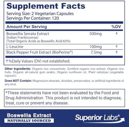 Superior Labs Boswellia Serrata Extract 500mg – 65% Boswellic Acids, Pure Non-GMO, Zero Fillers, Indian Frankincense