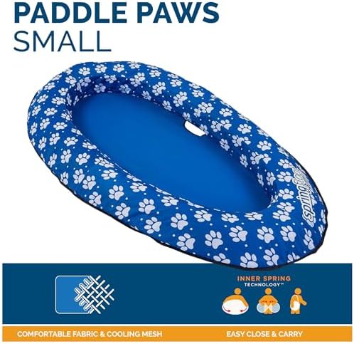 SwimWays Paddle Paws Spring Float Dog Raft, Small (0-65 lbs.) | Fast Inflation for Fast Use During Travel, Durable Scratch-Resistant Design for Use with Dogs, Includes Carrying Case