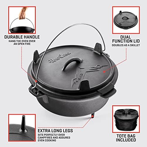 Uno Casa 6Qt Cast Iron Camping Dutch Oven with Lid Lifter and Storage Bag - Pre-Seasoned Outdoor Dutch Oven for Campfire Cooking, Stews