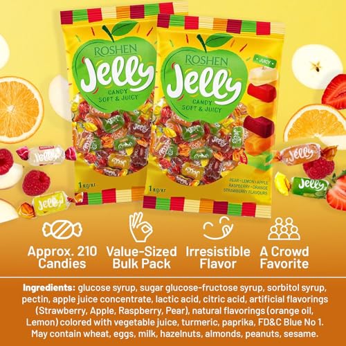 Roshen Mixed Fruit Jelly Candy, 2.2 lb (1 kg) Bulk Bag – Soft & Juicy Fruit Jelly Candies with 6 Fruit Juices, Gelatin-Free, Kosher & Halal Chewy Candy