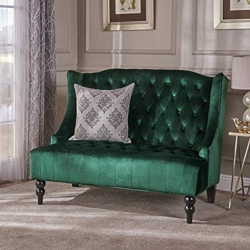 Christopher Knight Home Leora Modern Glam Tufted Velvet Wingback Loveseat, Emerald / Dark Brown