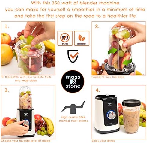 Moss & Stone Personal Smoothie Blender, 17oz Blend Cup & 10oz Grind Cup
