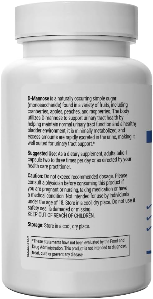 Superior Labs D-Mannose 500 mg, Pure Non-GMO Optimal Absorption Prebiotic, Urinary Tract, Bladder & Kidney UTI Support, Digestive & Liver Health Aid