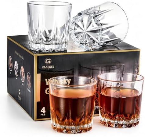 GLASKEY 12 oz Storm Japanese Whiskey Glasses Set of 4, Unique Cognac Glasses, Heavy Thick Bottom Bar Glass for Scotch Bourbon Rum Gin Water Cocktail,Gifts Men Gifts Ideas