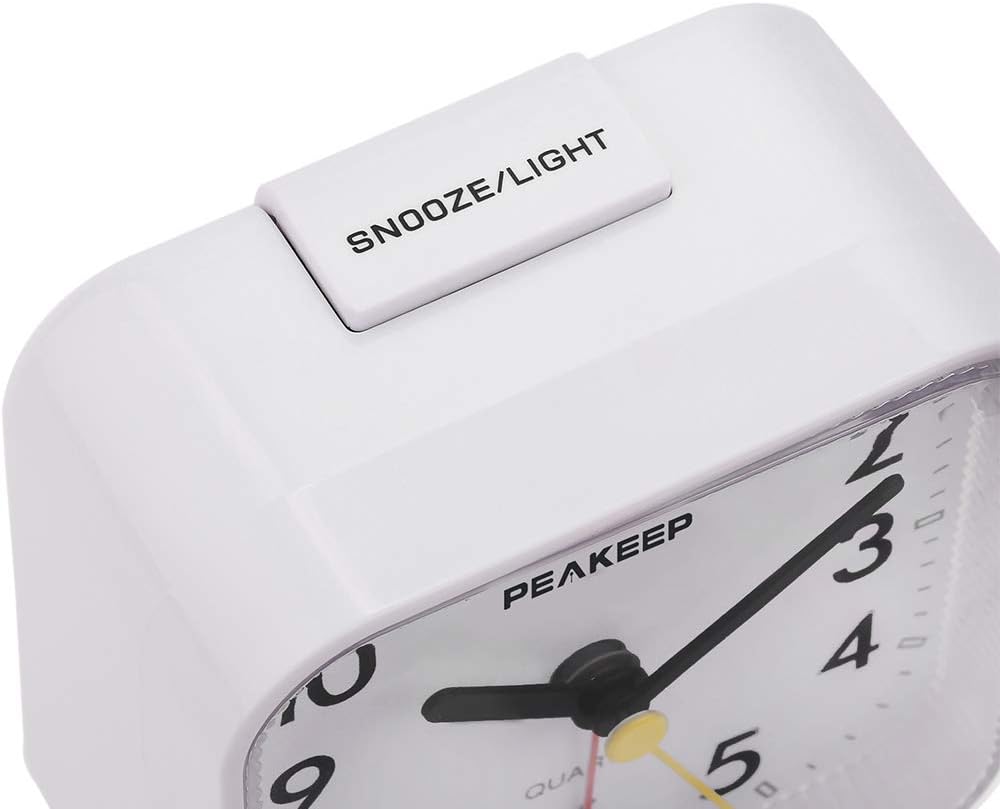 Peakeep Small Battery Operated Analog Travel Alarm Clock Silent | No Ticking, Lighted on Demand and Snooze, Beep Sounds, Gentle Wake, Ascending Alarm, Easy Set (Black)