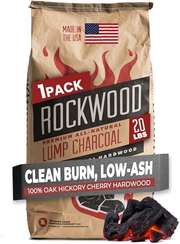 Rockwood Natural Lump Charcoal – Hardwood Lump Charcoal - 20 lbs, 1 Pack | Hardwood Lump Charcoal with Blend of Oak, Hickory & Cherry - Clean Burn, High Heat Grilling & Smoking - For Kettle & Kamado