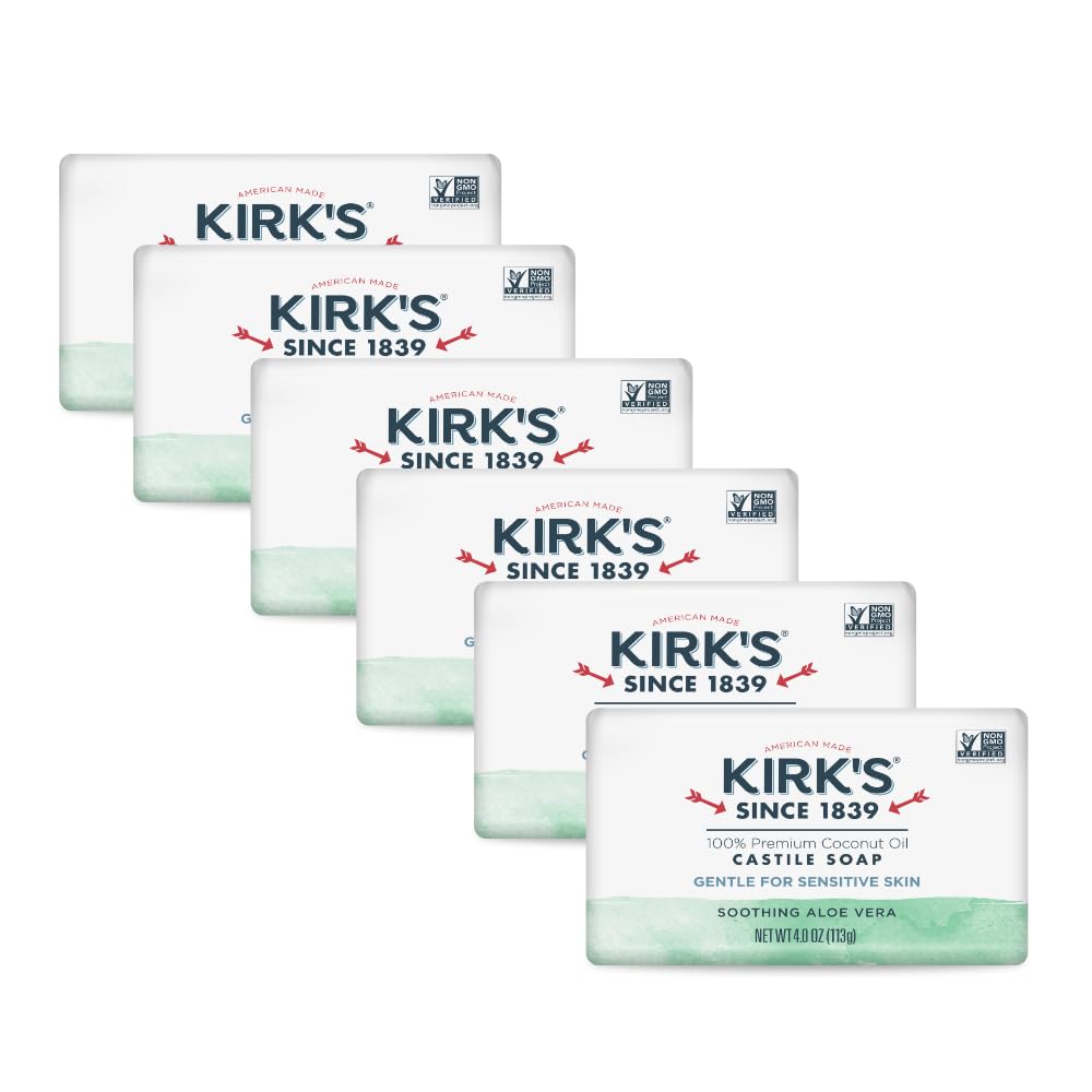Kirk's Castile Bar Soap, Aloe Vera - Clinically Tested, Safe for Sensitive Skin with Coconut Oil, Vegan and Non-GMO - 4 oz Bars, 6 Pack