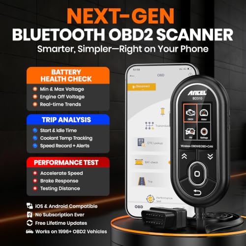 ANCEL BD310 Bluetooth OBD2 Scanner, 2-in-1 Car Diagnostic Scan Tool & Code Reader with App, Battery Test, Trip Analysis, Performance Test