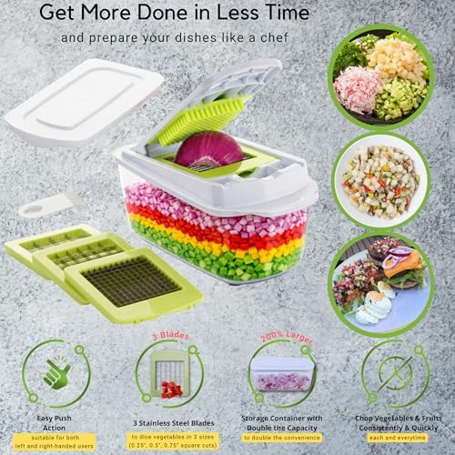 Brieftons QuickPush Manual Vegetable Chopper: 8-Cup Push-Down Onion Dicer & Food Chopper, 3 German Steel Blades