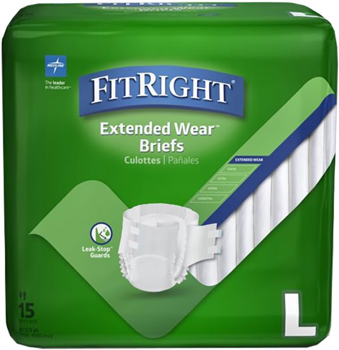 FitRight Adult Incontinence Briefs with Tabs, Extended Wear, Medium, 27" to 43", 15 Count