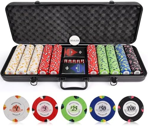 Poker Chips Set - 500pc Monaco Casino 13.5g Clay Poker Chips Set by Versa Games - Strong Aluminum Case, 2x Decks of Cards, 5x Dice