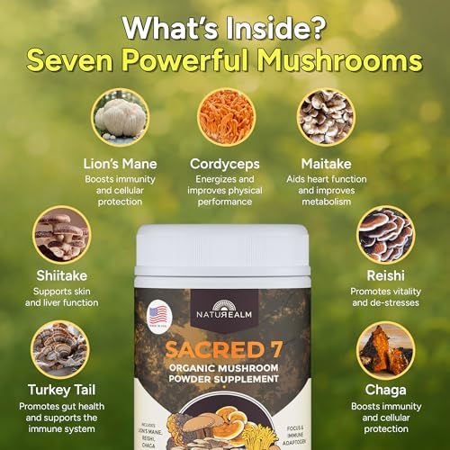 Sacred 7 Brain Mushroom Powder, Organic 7-in-1 Blend 226 Servings | Seven fruiting body extracts, lions mane cordyceps reishi, stirs into coffee or smoothies, 1000 mg scoop