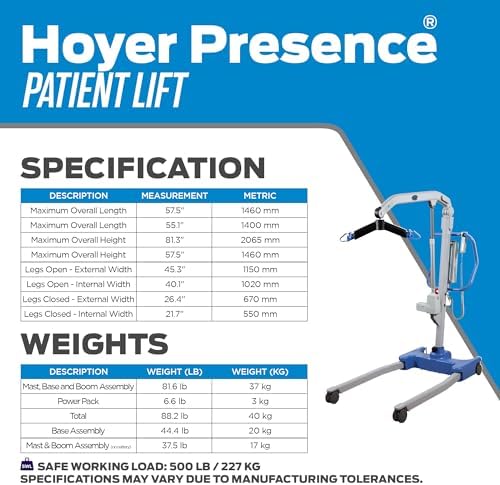 Joerns Hoyer Presence Patient Lift, 500 lbs Capacity, Power Operated Base, 6-Point Cradle, Smart Monitor Technology