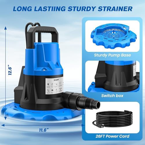 1 HP Automatic Swimming Pool Cover Pump, 5000 GPH Submersible Pumps with 3/4” Check Valve Adapter & 25ft Power Cord, Water Removal for Pool