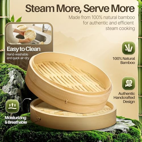 Flexzion Bamboo Steamer Basket Set (8 inch), 50 x Steamer Liners and 2 Pairs of Chopsticks, Steam Baskets for DimSum Dumplings, Rice, Vegetables
