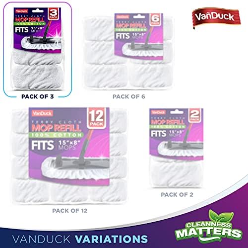 VanDuck 100% Cotton Terry Mop Pads 15x8 Inches, 3-Pack (Mop Not Included) | Reusable terry cloth mop covers, cotton replacement pads