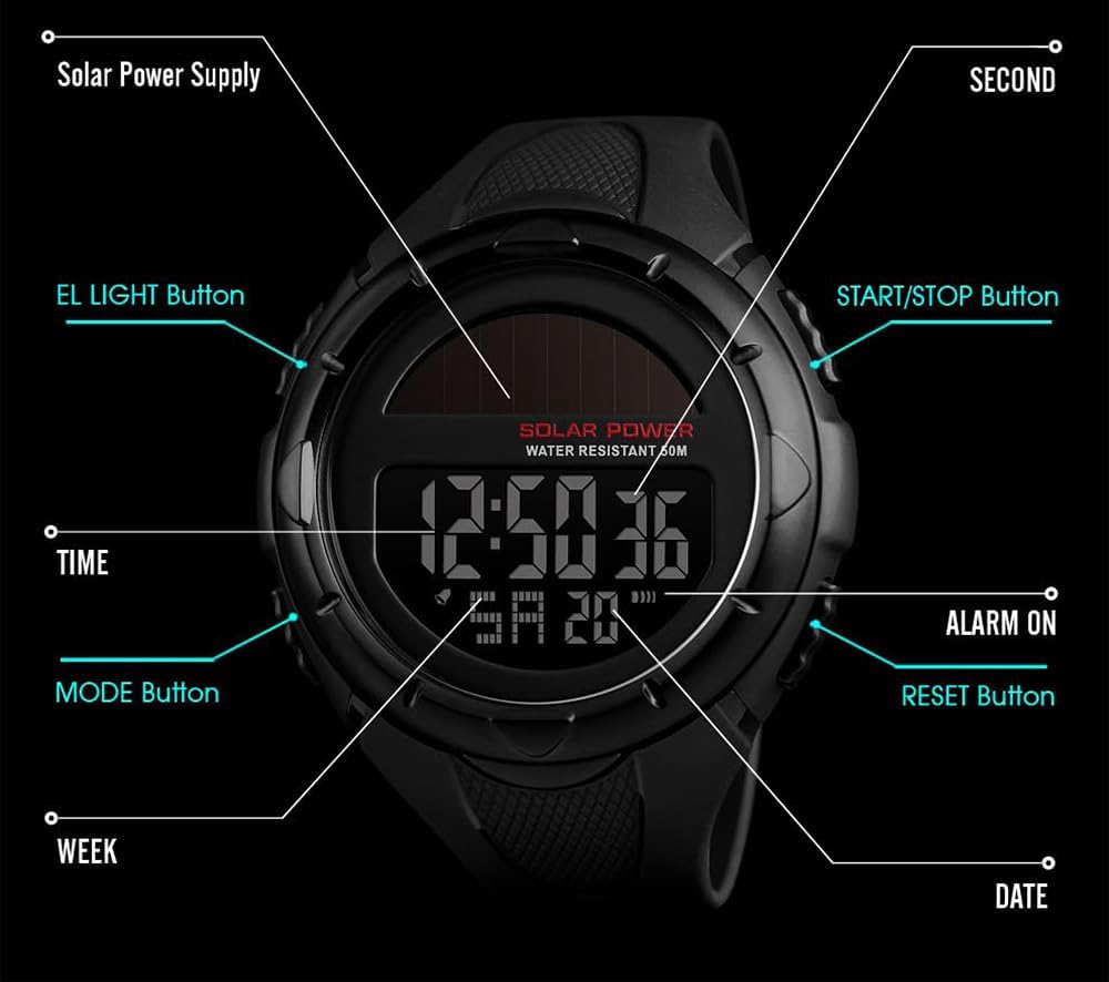 Gosasa Men's Outdoor Sports Multifunction Solar Power LED Digital Watches 50M Water Resistant (Black)