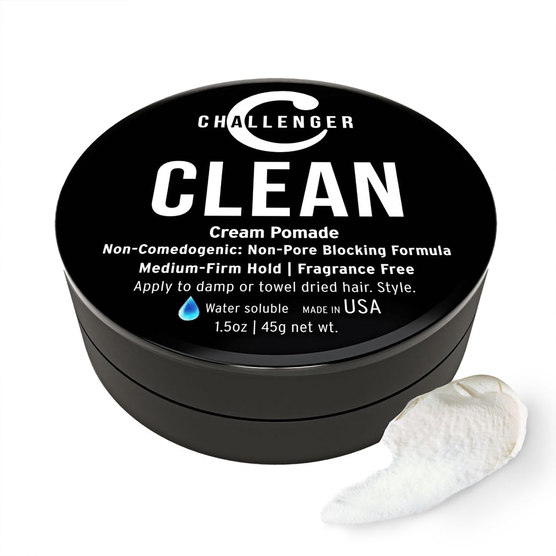 Challenger Men’s Clean Cream Pomade, 1.5 Ounce | Fragrance Free, Non-Comedogenic Hair Styling Product | Medium Firm Hold & Natural Finish | Shine Free, Unscented, Water Based & Travel Friendly