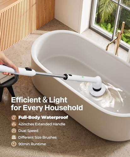 Electric Cleaning Brush, New Full-Body IPX7 Waterproof & 42inch Long Handle | Bathroom Cleaner Brush, Shower Scrubber, 2 Speed & 7 Heads Replacement