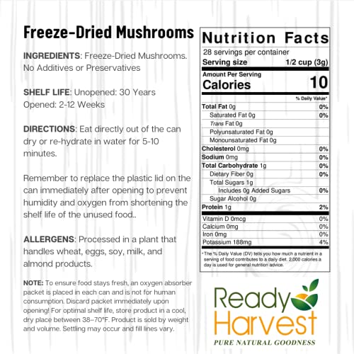 Ready Harvest Freeze-Dried Mushroom for Emergency Food Supply | Camper Must-Haves Camping Essentials | Hurricane Preparedness Items, Survival Food