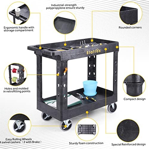 2-Tier Utility Rolling Cart, 34 x 17 in, 5" Swivel Wheels, 550lb | Deep Tub Shelves, Plastic Service Cart, Work Cart, Tool Cart, Tub Storage Organizer