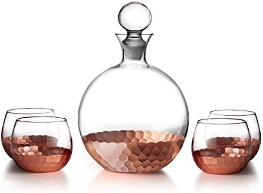 Fitz and Floyd Daphne Decorative Whiskey Decanter Set with Top Glass for Wine, Bourbon, Brandy, Liquor, 5 Piece, Gold