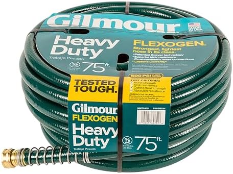 Gilmour 864751-1001 75ft Heavy Duty Flexogen Garden Hose, 5/8" Diameter | Heavy Duty Build, 500 PSI, Kink-Resistant Layers, Brass Fittings, All-Weather Durability, Made in USA