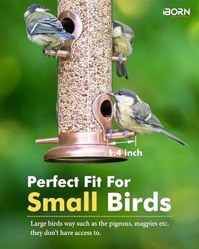 Bird Feeders for Outdoors 15" 4 Ports Chew-Resistant, Copper-Plating, 1PK | Metal, Durable Outdoors, Flip-top Easy Refill & Clean, Mixed Seeds