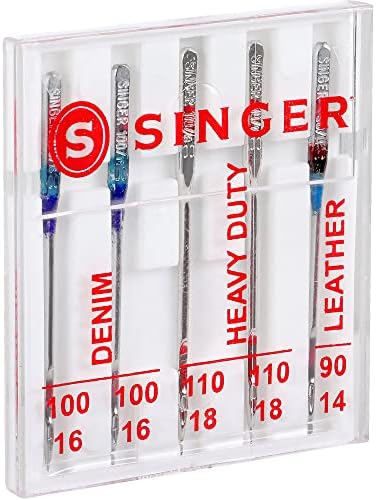SINGER Heavy Duty Machine Needles, Denim & Leather, Assorted, 5 Count | Heavy-duty machine needles for denim, leather and heavy fabrics; 5 assorted sizes, fit SINGER and other domestic machines