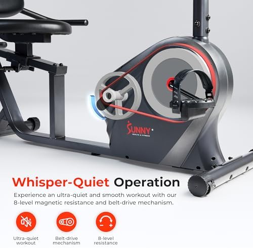 Sunny Health & Fitness Smart Recumbent Bike, Wide Cushioned Seat & Back, Indoor Cycling Machine for Adult/Seniors Home Exercise, Free SunnyFit App Connection