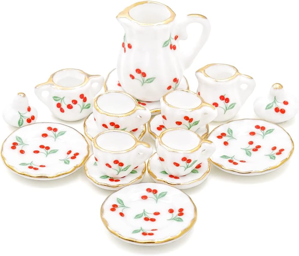 Odoria 1/12 Miniature Porcelain Tea Set 15Pcs Dollhouse Decoration Accessories, Grapes