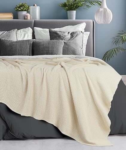 Tex Trend 100% Cotton Waffle Weave Blanket Queen Size - Soft, Breathable Cooling Blanket for Bed, Lightweight Cozy Summer & Spring Bedding, Grey, 90x90