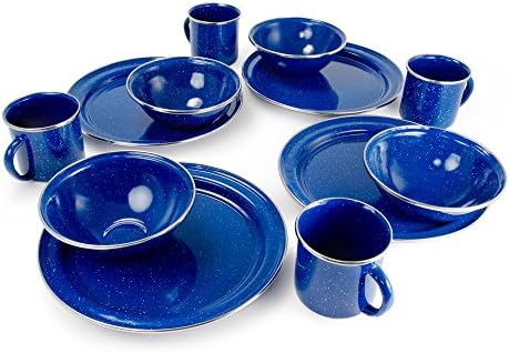 GSI Outdoors Pioneer Enamel 12 Pieces (4-Person) Dish Set I Enamelware Dishes Including Plates, Bowls and Mugs for Camping, Outdoors, RV, Camp, Blue