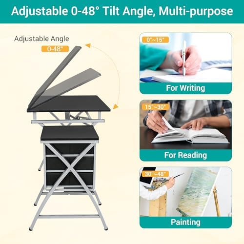 ZENY Drafting Table and Stool, Tilted Draft Table Desk w/Drawers, Artist Drawing Desk Craft Table for Drafting, Painting, Reading, Writing