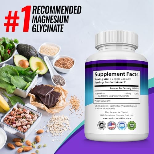 Magnesium Glycinate 525mg - High Absorption Chelated Magnesium Supplement Made with Pure Magnesium Glycinate - Supports Muscles, Sleep, Cramps