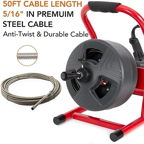 PioneerWorks 50Ft x 5/16 Inch Drain Cleaner Machine, Drain Auger Professional for 3/4 to 3 Inch Pipes, Foot Switch with 6 Cutters, Gloves
