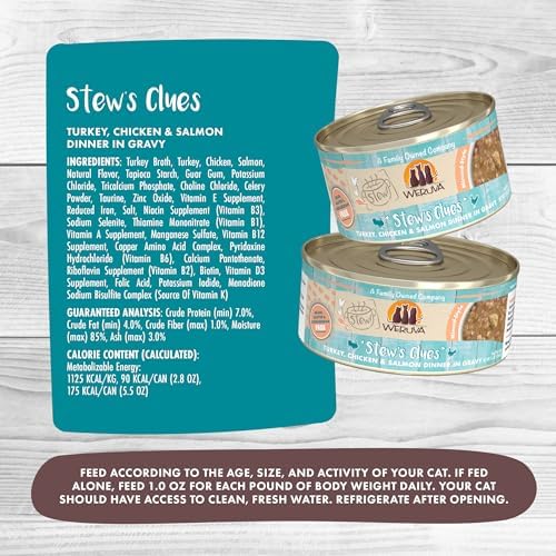 Weruva Classic Cat Stews!, Stew's Clues with Turkey, Chicken & Salmon in Gravy, 5.5oz Can (Pack of 8)