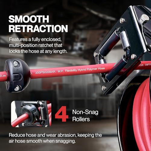 ReelWorks Retractable Air Hose Reel, 3/8" x 50 ft, 300 PSI, Hybrid | Keeps its hybrid hose flexible from -40°F to 176°F for year-round shop use