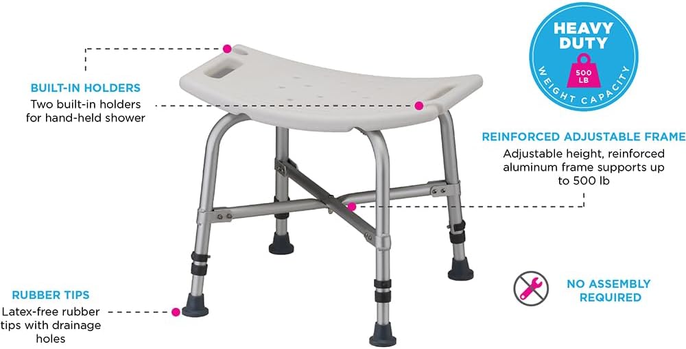 NOVA Heavy Duty Shower Chair, 500 lb Bariatric Bath Seat for Seniors, Fully Assembled, Adjustable Height 17"–23", Dual Handles, Handheld Shower Holder, Non-Slip Feet