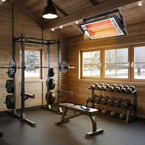 Shinic Electric Garage Heaters with Remote Control, 1500W/750W Ceiling Mounted Radiant Quartz Heater with Work Light, 90° Rotation, 5 Mode Settings