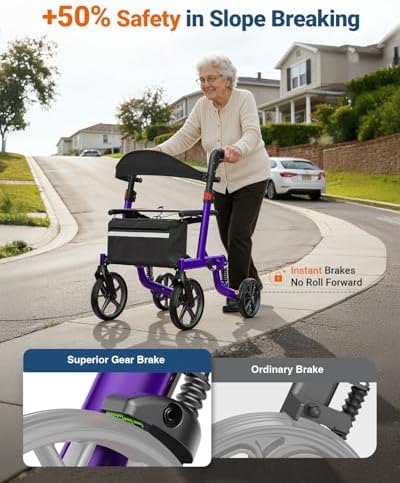 Foldable Rollator Walkers with Seat for Seniors, All Terrain Outdoor（Red | Patented Shock-Absorbing,Tool-Free Adjustment,350 lbs Capacity, 10″ Solid Wheels,16.3lbs Lightweight, Fit 61"-74" Tall User